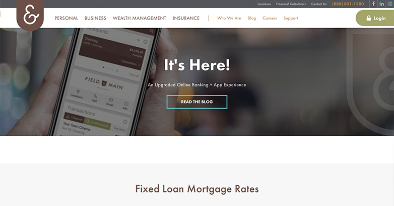 Field & Main Bank's website effectively uses their logo icon as a design element
