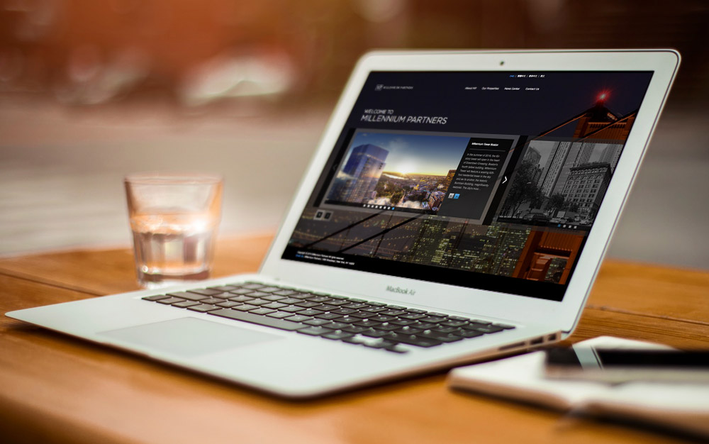 Mediaboom's custom website design for Millennium Tower, showcasing sleek and modern aesthetics.