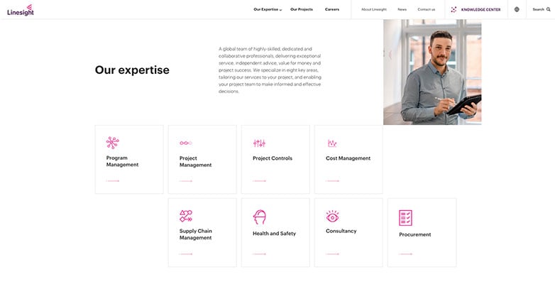 Linesight, a construction company offering a wide range of services, demonstrates an effective strategy for presenting diverse categories in a visually appealing manner