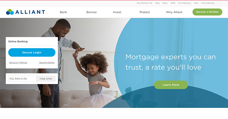 Alliant's bank website design incorporates their logo's circles in creative ways