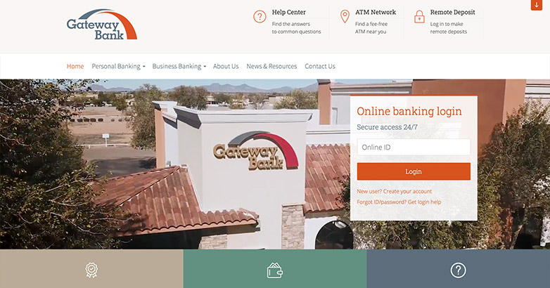 Gateway Bank's website features stunning photography and a video with a neutral color scheme