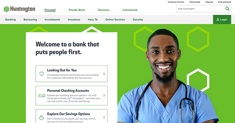 Huntington Bank's website is bold and fun, with cohesive branding featuring their green color and logo icon.
