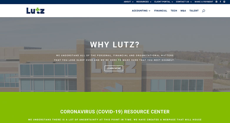 The Lutz website features a simple yet engaging welcome screen video.