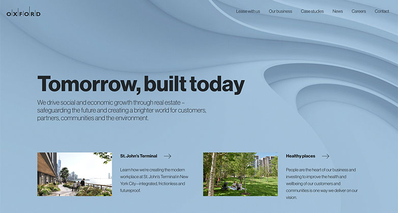 Oxford has a simple website design to promote its real estate investment company.