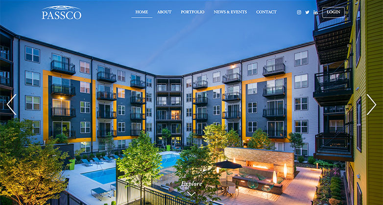 The design of the Passco website, made for real estate investors, uses high quality images.
