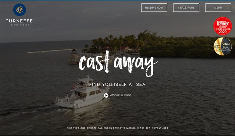 Turneffe's luxury travel website design features a montage video and immersive layout with full-screen imagery.