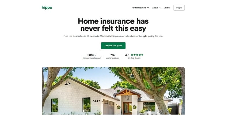 Hippo Insurance website homepage with modern home and quote CTA