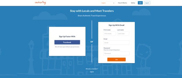 Couchsurfing website with user-friendly login form