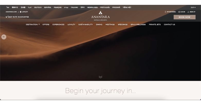 Anantara Hotels website with desert imagery highlighting luxury travel and adventure.