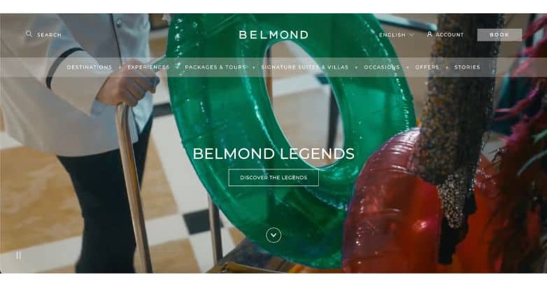 Belmond website showcasing a vibrant image inviting users to explore legendary locations