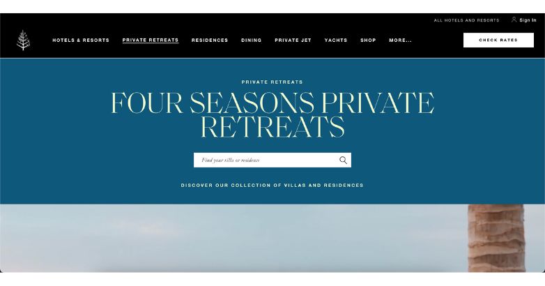 Four Seasons Private Retreats website featuring elegant design with villa and residence search.