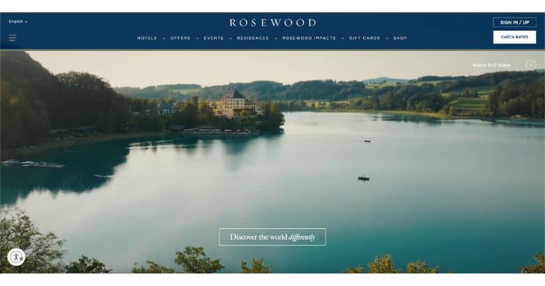 Rosewood Hotels website with a calming lake view, inviting discovery and unique experiences.