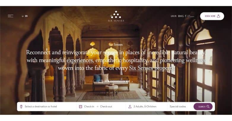 Six Senses website emphasizing natural beauty and wellness in an immersive online experience