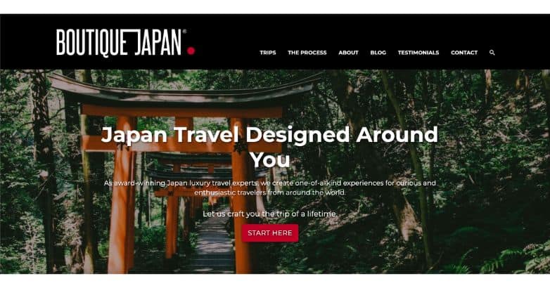 Tranquil Shinto shrine gateway featured on Boutique Japan, reflecting the custom luxury travel website design for Japan tours.