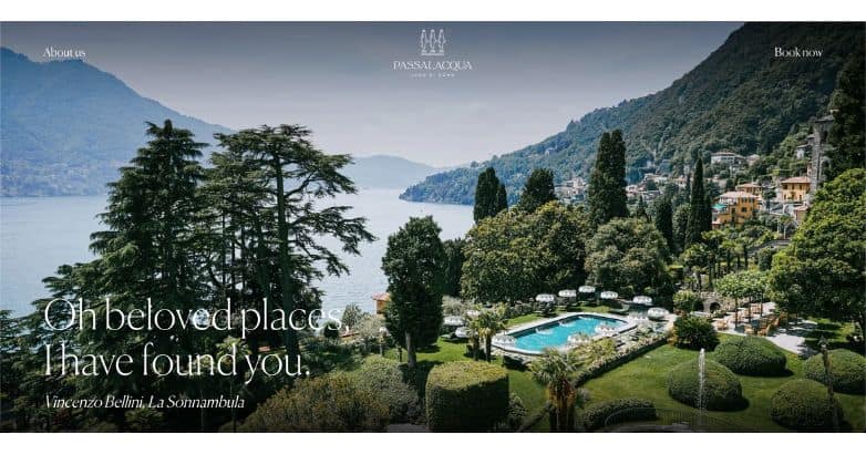 Lake Como's serene Passalacqua Hotel landscape on a luxury travel website design