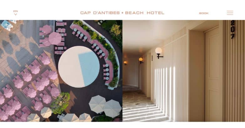 Chic aerial view of Cap d'Antibes Beach Hotel's pink parasols and pool,