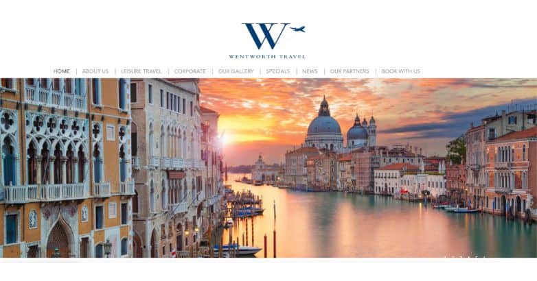 Sunset over Venice on Wentworth Travel's homepage, a testament to sophisticated luxury travel website design