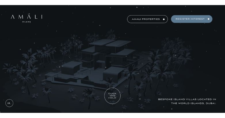 Interactive night view of bespoke Amali Island villas, highlighting luxurious property development in The World Islands, Dubai