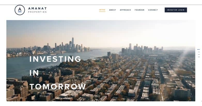 Aerial cityscape of New York City skyline on Amanat Properties homepage promoting future real estate investment opportunities.