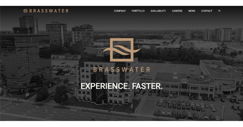Brasswater's homepage highlighting fast commercial real estate experience with a monochromatic cityscape and bold branding.