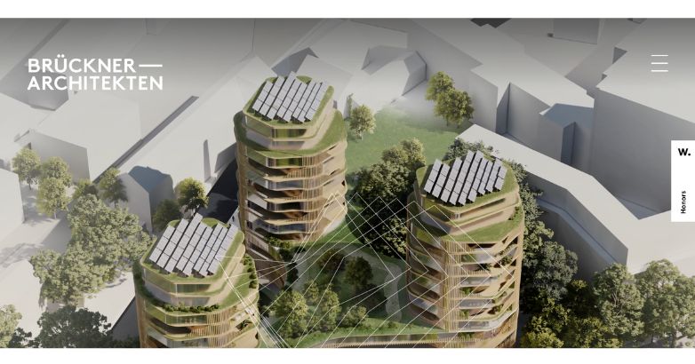 Futuristic design of Brückner Architekten's sustainable residential towers, featured in an interactive website presentation.
