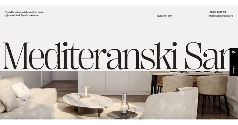 Minimalist and luxurious living room design of Mediteranski San apartments highlighted on the website.