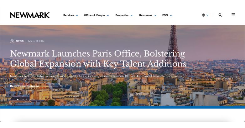 Newmark's announcement of Paris office opening with a backdrop of the iconic Paris skyline, highlighting global real estate expansion
