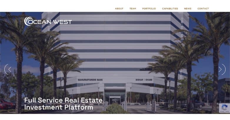 Ocean West's full-service real estate investment platform presented through an image of their modern office building framed by palm trees.