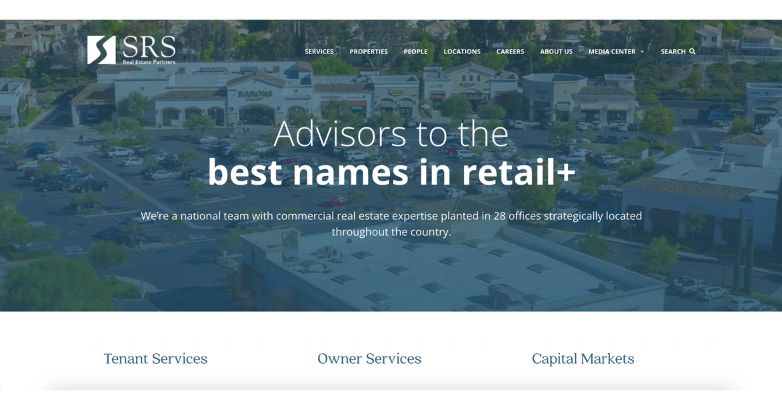 SRS Real Estate Partners' website banner showcasing their role as advisors with an aerial view of retail properties.