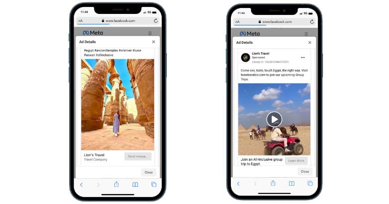 Examples of travel ads on Facebook