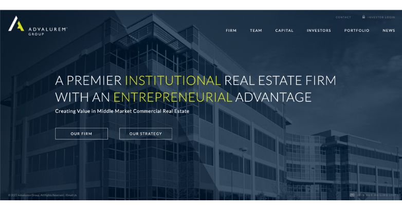 Sleek and professional homepage of Advalurem Group's website featuring a modern office building.