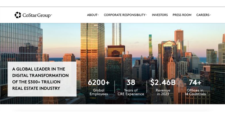 Bold and informative CoStar Group homepage presenting key statistics and achievements