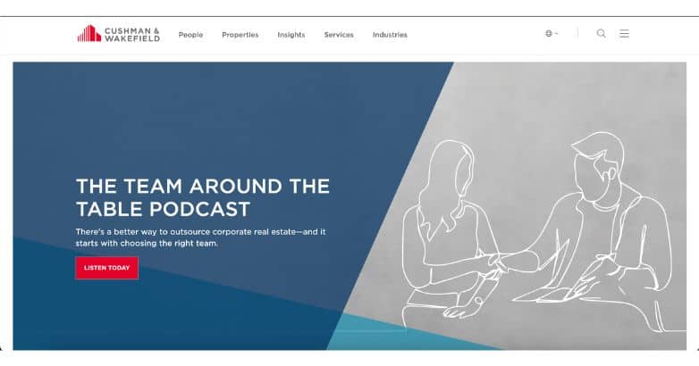 Cushman & Wakefield's website displaying a minimalist design with an illustrative drawing of a business meeting