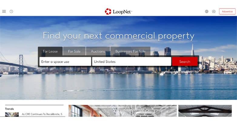 User-friendly and comprehensive search interface on LoopNet’s homepage, designed for easy navigation in finding commercial properties