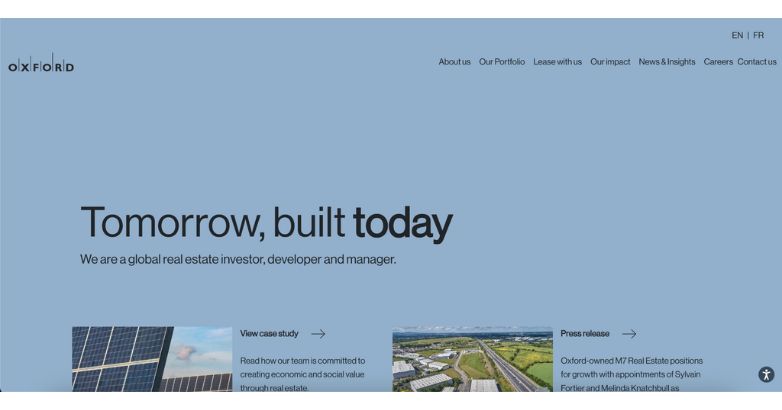 Futuristic design elements on Oxford Properties Group's website highlighting solar energy projects