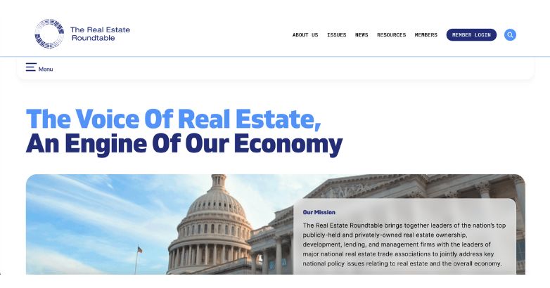 Clean and authoritative website design of The Real Estate Roundtable, featuring the U.S. Capitol