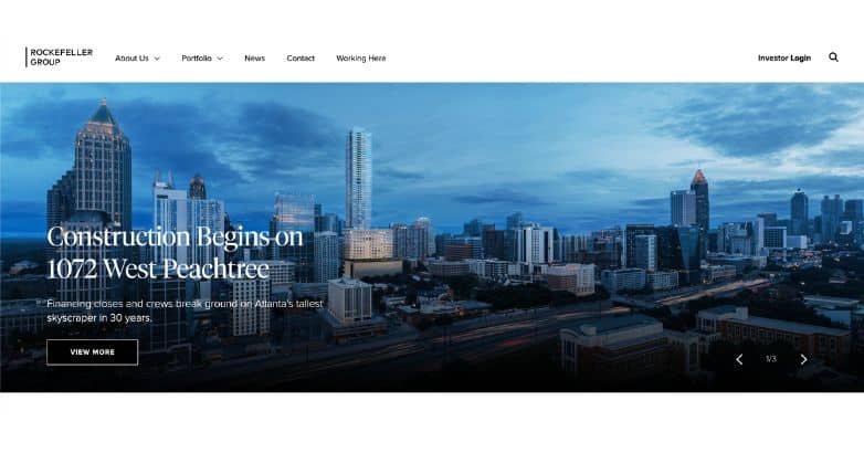 The Rockefeller Group's website displaying a panoramic skyline view of Atlanta