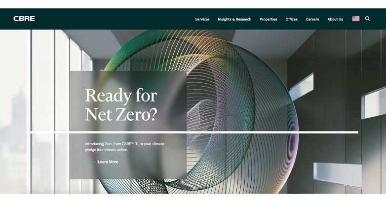 Elegant and modern CBRE homepage design showcasing an artistic green installation, reflecting their commitment to sustainability