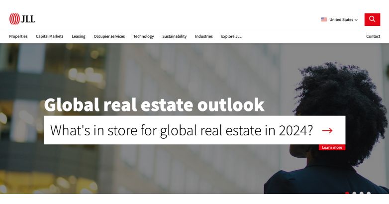JLL’s commercial real estate website design emphasizing global real estate trends for 2024 with a clean, informative layout.