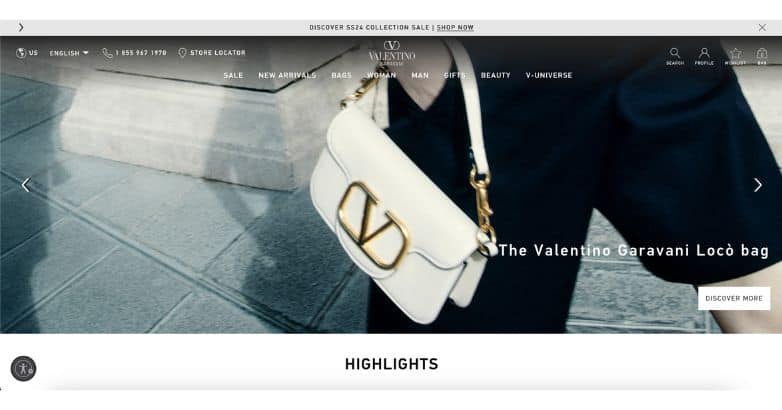 Valentino website featuring a luxury handbag with minimalistic design and high-quality imagery, exemplifying luxury fashion website design