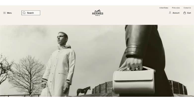 Hermès website with monochrome image and clean navigation bar highlighting elegance and quality