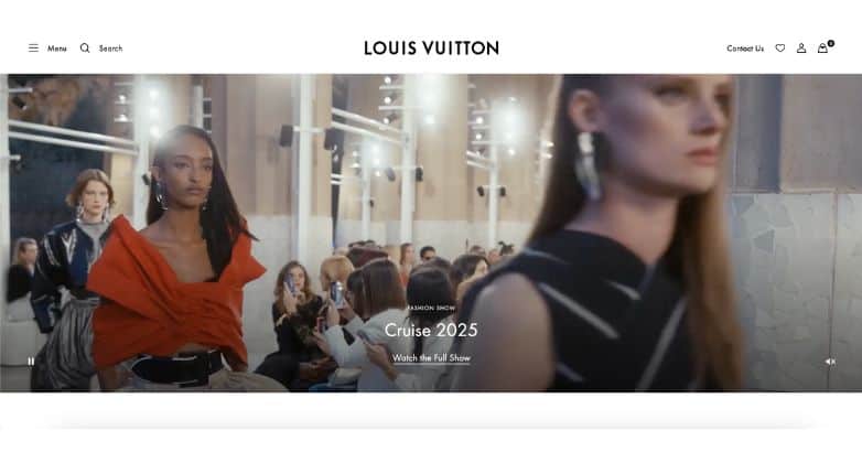 Louis Vuitton website highlighting the Cruise 2025 fashion show with a clean and minimalist design