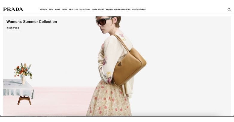Prada website showcasing Women's Summer Collection with clean and minimalist design