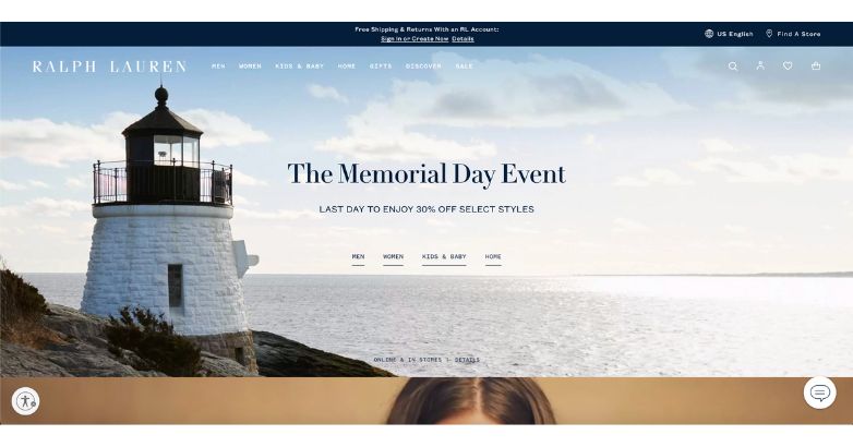 Ralph Lauren website featuring a Memorial Day event with a scenic lighthouse image, offering a sophisticated and elegant user experience.