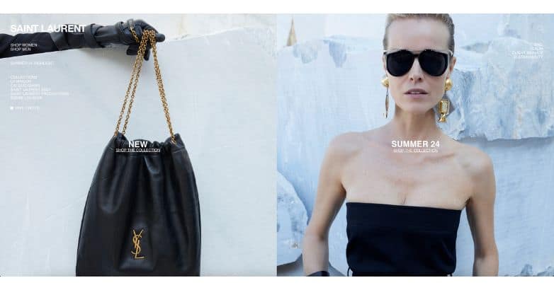 Yves Saint Laurent website with a split-screen design highlighting a chic handbag and a stylish model, showcasing their Summer 24 collection