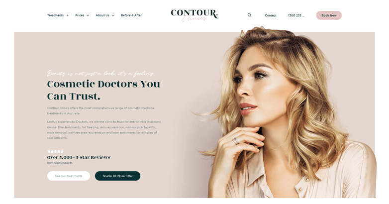 The Contour Clinic aesthetic website features their services, patients review and minimalist navigation menu