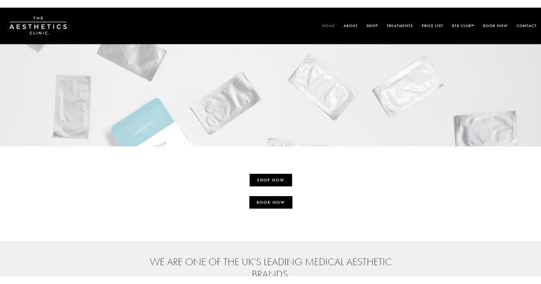 The Aesthetx Clinic aesthetic website featuring user-friendly navigation menu, shop and book now button, and high-quality imagery