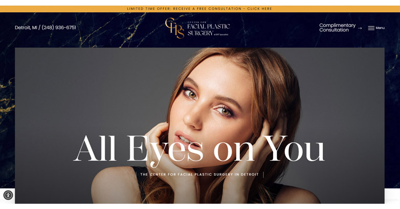 The Center for Facial Plastic Surgery elegant website with professional color scheme and features high-quality imagery