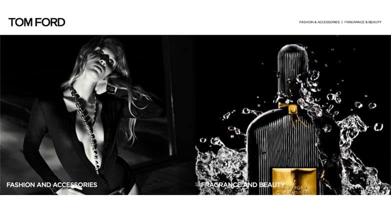 Tom Ford website showcasing bold black and white imagery for fashion and accessories, as well as fragrance and beauty.