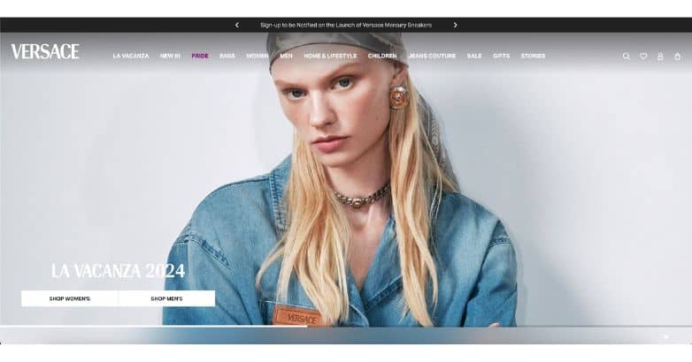 Versace website featuring the La Vacanza 2024 collection with a high-quality hero image and comprehensive navigation, reflecting luxury fashion website design.